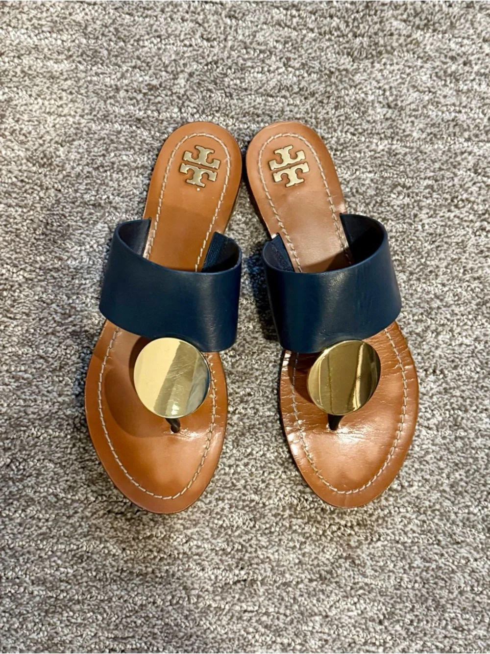 Tory Burch Navy Leather Toe-Post Sandals with Gold Medallion